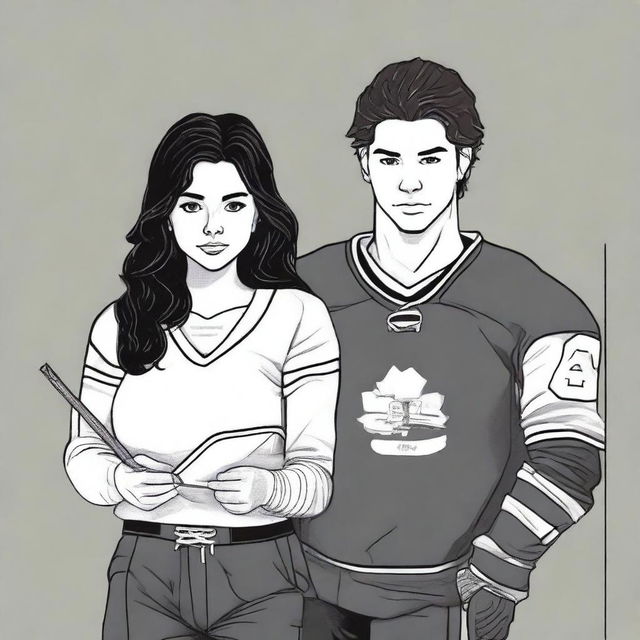 A high-quality digital art image featuring the outlined figures of a brunette girl and a handsome hockey player