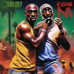 This piece of digital art showcases Tupac, reimagined as a zombie, in a fierce battle with Biggie Smalls, depicted as a demon