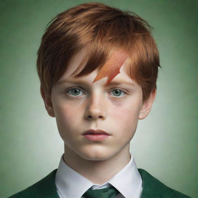 Generate an image of a boy with sharp yet delicate features, red-brown hair, and green eyes, holding a surreal, non-realistic arrow as if it was a drawing.