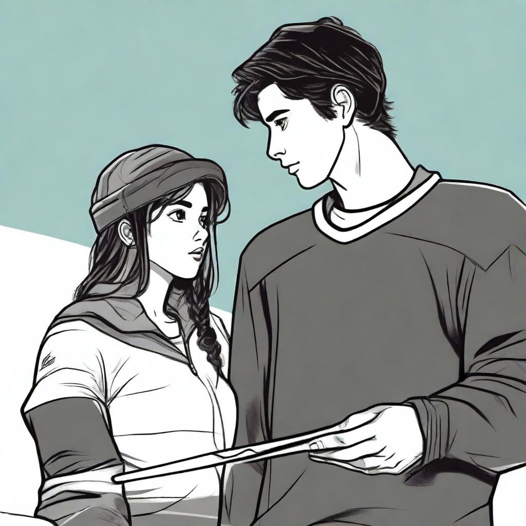 A high-quality digital art image showing the outlined figures of a brunette journalism student and a handsome hockey player, facing each other with flirtatious expressions