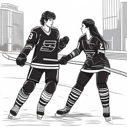 A high-quality digital art image showing the outlined figures of a brunette journalism student and a handsome hockey player, facing each other with flirtatious expressions