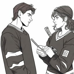 A high-quality digital art image showing the outlined figures of a brunette journalism student and a handsome hockey player, facing each other with flirtatious expressions