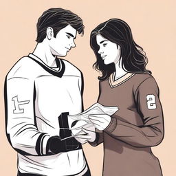 A high-quality digital art image showing the outlined figures of a brunette journalism student and a handsome hockey player, facing each other with flirtatious expressions