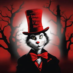 A chilling book cover in the style of a horror novel, featuring the iconic Cat in the Hat