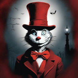 A chilling book cover in the style of a horror novel, featuring the iconic Cat in the Hat