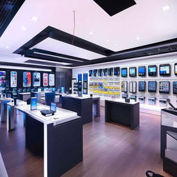 Modern mobile shop interior filled with the latest smartphones and technology accessories, vibrant lighting, and welcoming ambiance.