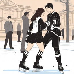 A captivating digital art image of a brunette journalism student in a black dress and a handsome hockey player in his uniform, depicted as outlined figures