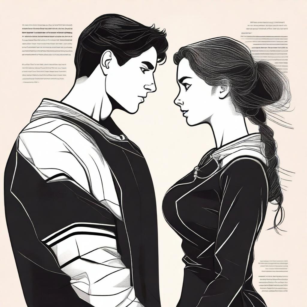 A captivating digital art image of a brunette journalism student in a black dress and a handsome hockey player in his uniform, depicted as outlined figures