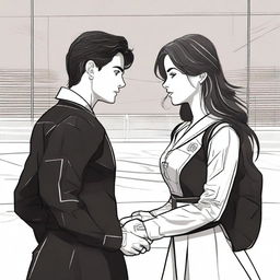 A captivating digital art image of a brunette journalism student in a black dress and a handsome hockey player in his uniform, depicted as outlined figures