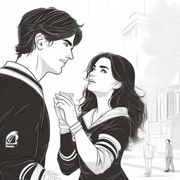 A captivating digital art image of a brunette journalism student in a black dress and a handsome hockey player in his uniform, depicted as outlined figures