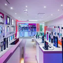 Modern mobile shop interior filled with the latest smartphones and technology accessories, vibrant lighting, and welcoming ambiance.