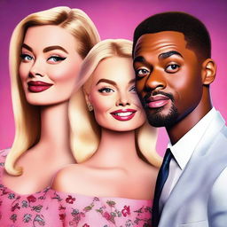 A high-quality digital art piece featuring Margot Robbie, Barbie, Ryan Gosling, Will Smith, and Leonardo DiCaprio