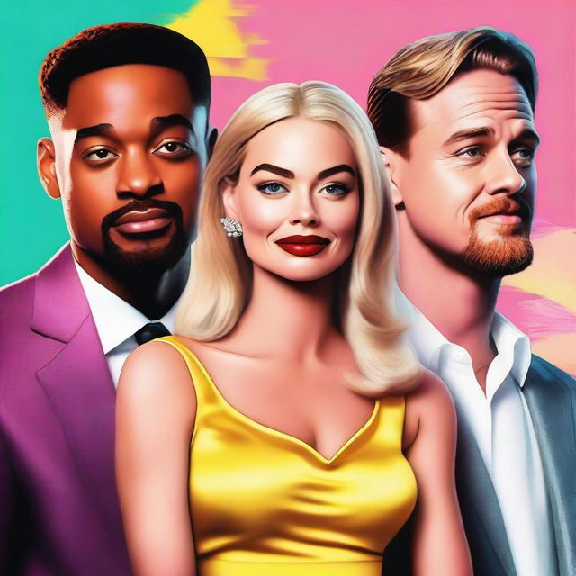 A high-quality digital art piece featuring Margot Robbie, Barbie, Ryan Gosling, Will Smith, and Leonardo DiCaprio