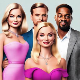 A high-quality digital art piece featuring Margot Robbie, Barbie, Ryan Gosling, Will Smith, and Leonardo DiCaprio