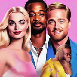 A high-quality digital art piece featuring Margot Robbie, Barbie, Ryan Gosling, Will Smith, and Leonardo DiCaprio