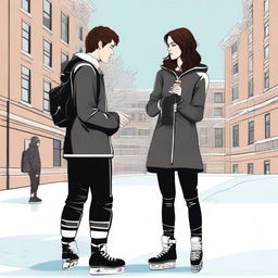 A digital art image of high quality, featuring the youthful outlines of a college-aged brunette journalism student and a handsome hockey player