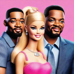 A high-resolution digital art piece showcasing Barbie, Will Smith, and Leonardo DiCaprio together