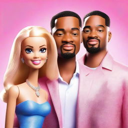 A high-resolution digital art piece showcasing Barbie, Will Smith, and Leonardo DiCaprio together