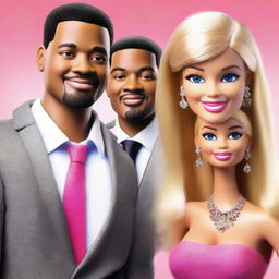 A high-resolution digital art piece showcasing Barbie, Will Smith, and Leonardo DiCaprio together