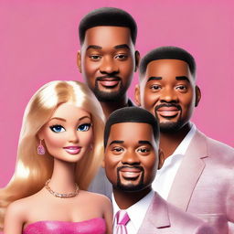 A high-resolution digital art piece showcasing Barbie, Will Smith, and Leonardo DiCaprio together