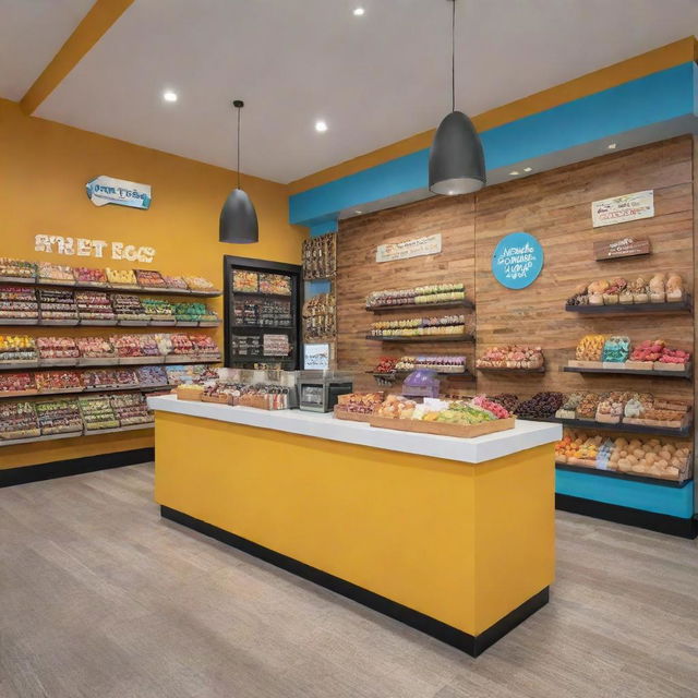 A street egg shop design with elements appealing to gym goers, featuring vibrant colors, protein sources, active lifestyle theme, and motivational quotes on fitness and health.