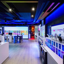 Modern mobile shop interior filled with the latest smartphones and technology accessories, vibrant lighting, and welcoming ambiance.