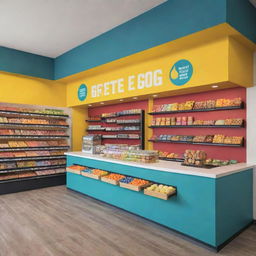 A street egg shop design with elements appealing to gym goers, featuring vibrant colors, protein sources, active lifestyle theme, and motivational quotes on fitness and health.