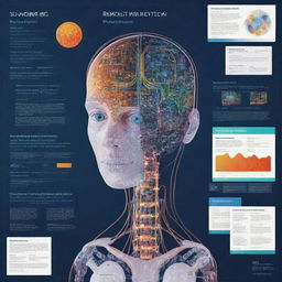 Generate an AI-themed scientific poster. It should communicate complex concepts creatively, delight and engage the audience with vibrant visuals, and incorporate interactive components to facilitate dynamic, memorable learning.