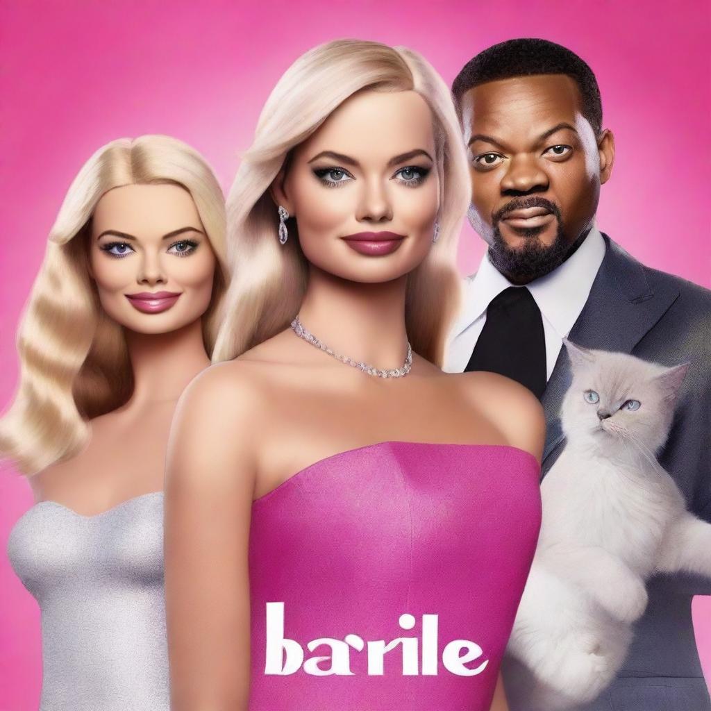 A high-quality movie poster featuring Margot Robbie, Barbie, Will Smith, and Leonardo DiCaprio