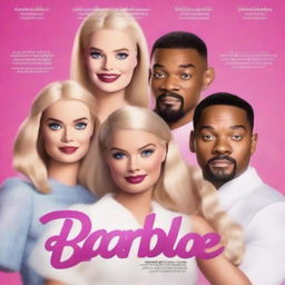 A high-quality movie poster featuring Margot Robbie, Barbie, Will Smith, and Leonardo DiCaprio