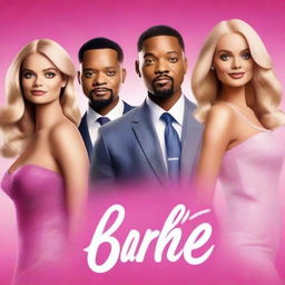 A high-quality movie poster featuring Margot Robbie, Barbie, Will Smith, and Leonardo DiCaprio