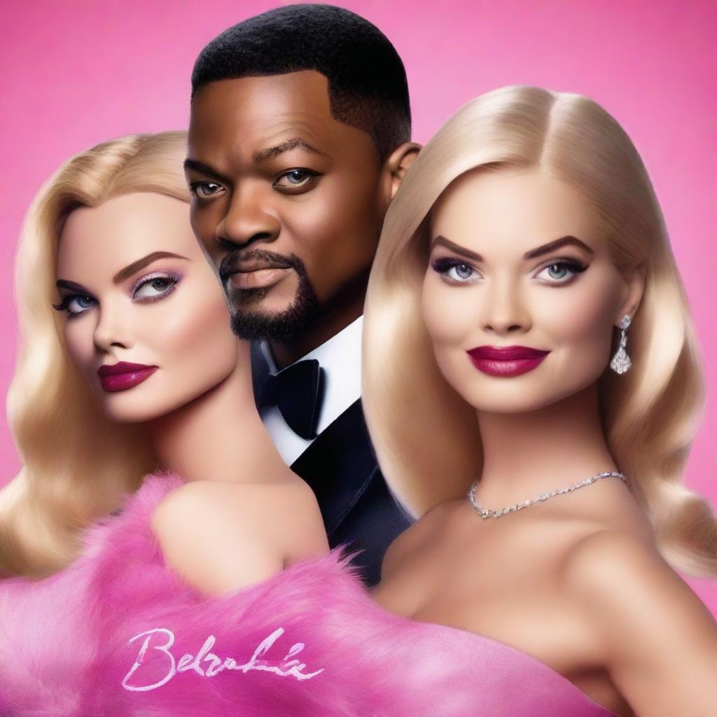 A high-quality movie poster featuring Margot Robbie, Barbie, Will Smith, and Leonardo DiCaprio