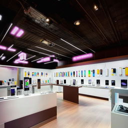 Modern mobile shop interior filled with the latest smartphones and technology accessories, vibrant lighting, and welcoming ambiance.