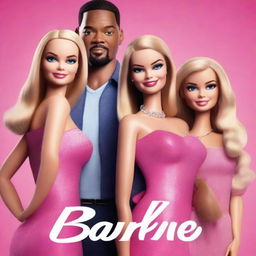 A high-quality movie poster in digital art form, featuring Margot Robbie, Will Smith, and Leonardo DiCaprio, alongside Barbie