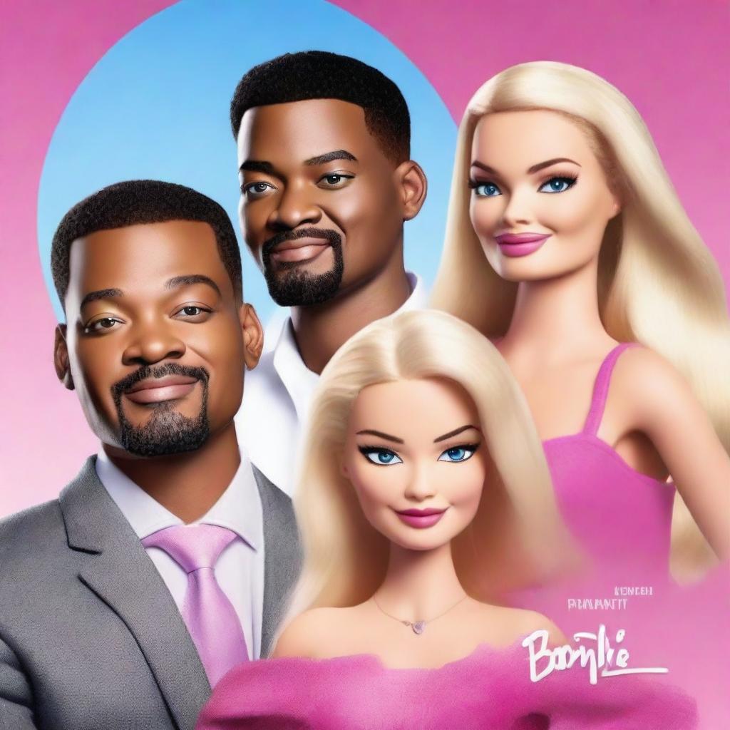 A high-quality movie poster in digital art form, featuring Margot Robbie, Will Smith, and Leonardo DiCaprio, alongside Barbie