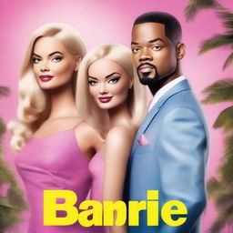 A high-quality movie poster in digital art form, featuring Margot Robbie, Will Smith, and Leonardo DiCaprio, alongside Barbie