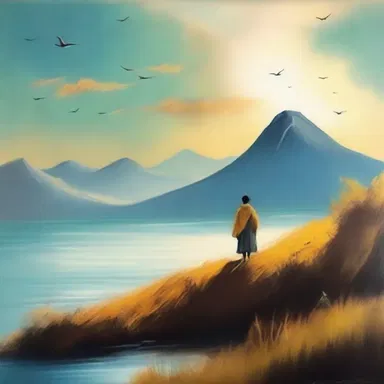 The artist painted a beautiful landscape with a figure wearing a haik floating in the wind.