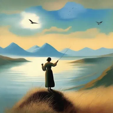 The artist painted a beautiful landscape with a figure wearing a haik floating in the wind.