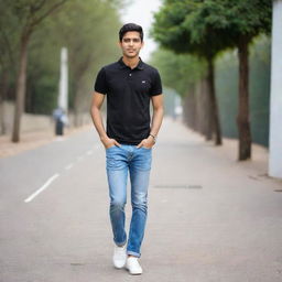 An Indian boy wearing a black polo t-shirt, light blue jeans, and white shoes, captured in a casual, sunny day atmosphere.