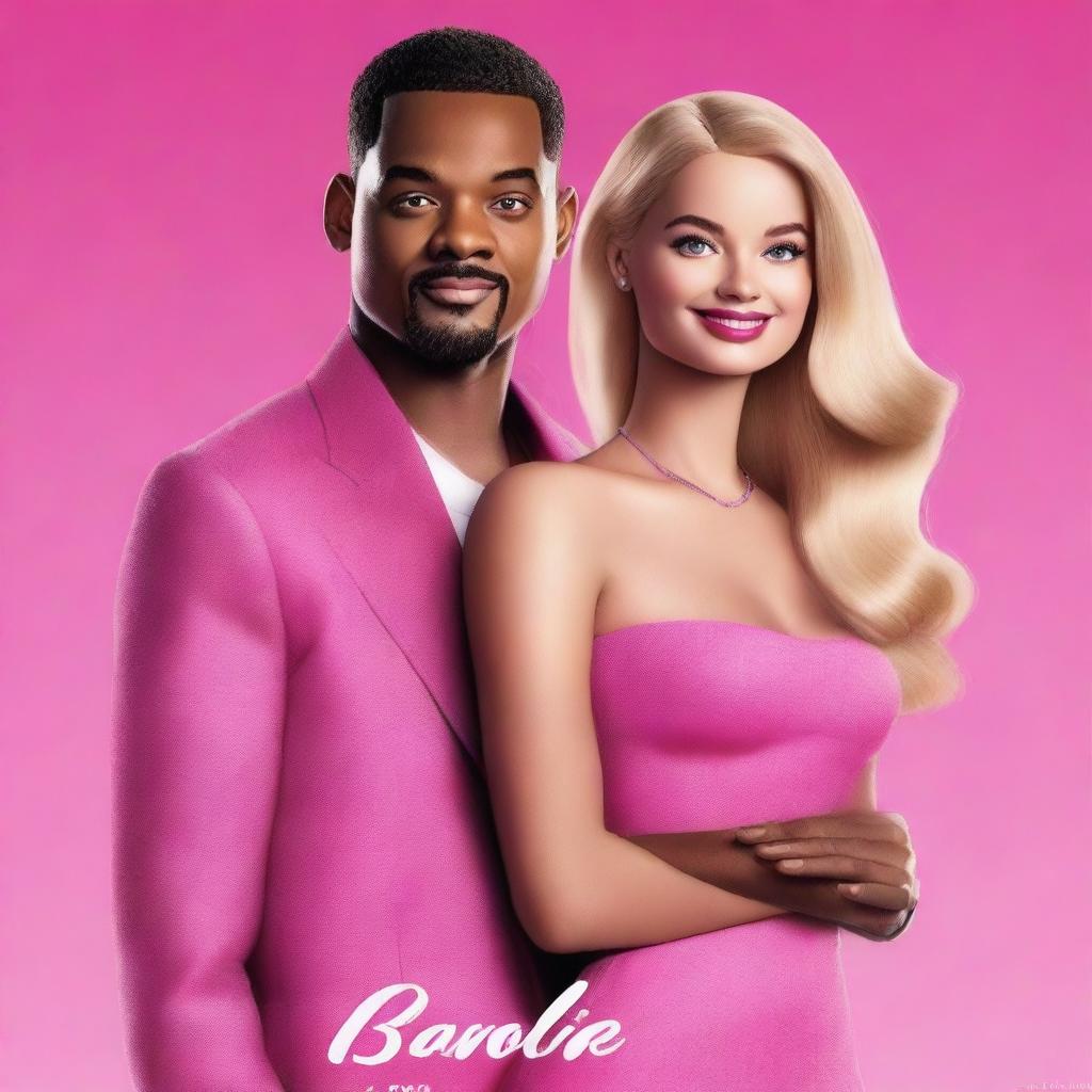 A high-quality digital art piece depicting a movie poster for 'Barbie', featuring Margot Robbie and Will Smith