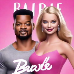 A high-quality digital art piece depicting a movie poster for 'Barbie', featuring Margot Robbie and Will Smith