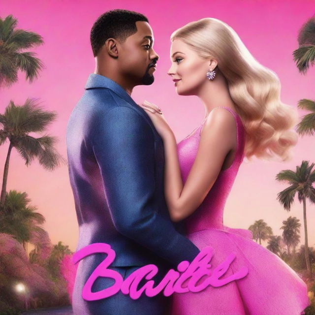 A high-quality digital art piece depicting a movie poster for 'Barbie', featuring Margot Robbie and Will Smith