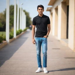 An Indian boy wearing a black polo t-shirt, light blue jeans, and white shoes, captured in a casual, sunny day atmosphere.