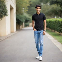 An Indian boy wearing a black polo t-shirt, light blue jeans, and white shoes, captured in a casual, sunny day atmosphere.