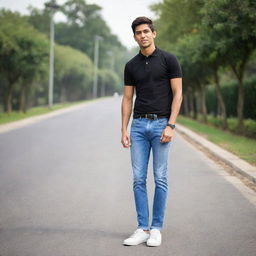 An Indian boy wearing a black polo t-shirt, light blue jeans, and white shoes, captured in a casual, sunny day atmosphere.