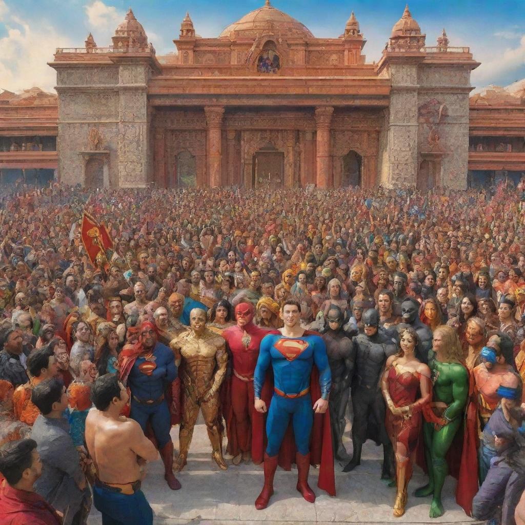 A grand scene depicting members of the Justice League and the Avengers warmly welcoming Shree Ram in Ayodhya, during the special occasion of the inauguration of the new Ram Mandir.