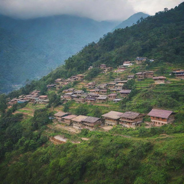 Scenic view of the village Dharampur in Nepal, Jhapa with traditional houses, lush greenery, and a backdrop of Himalayan mountains