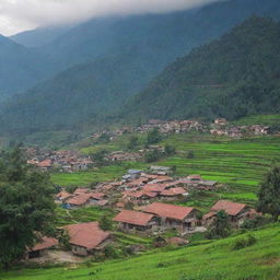 Scenic view of the village Dharampur in Nepal, Jhapa with traditional houses, lush greenery, and a backdrop of Himalayan mountains