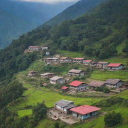 Scenic view of the village Dharampur in Nepal, Jhapa with traditional houses, lush greenery, and a backdrop of Himalayan mountains