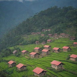 Scenic view of the village Dharampur in Nepal, Jhapa with traditional houses, lush greenery, and a backdrop of Himalayan mountains